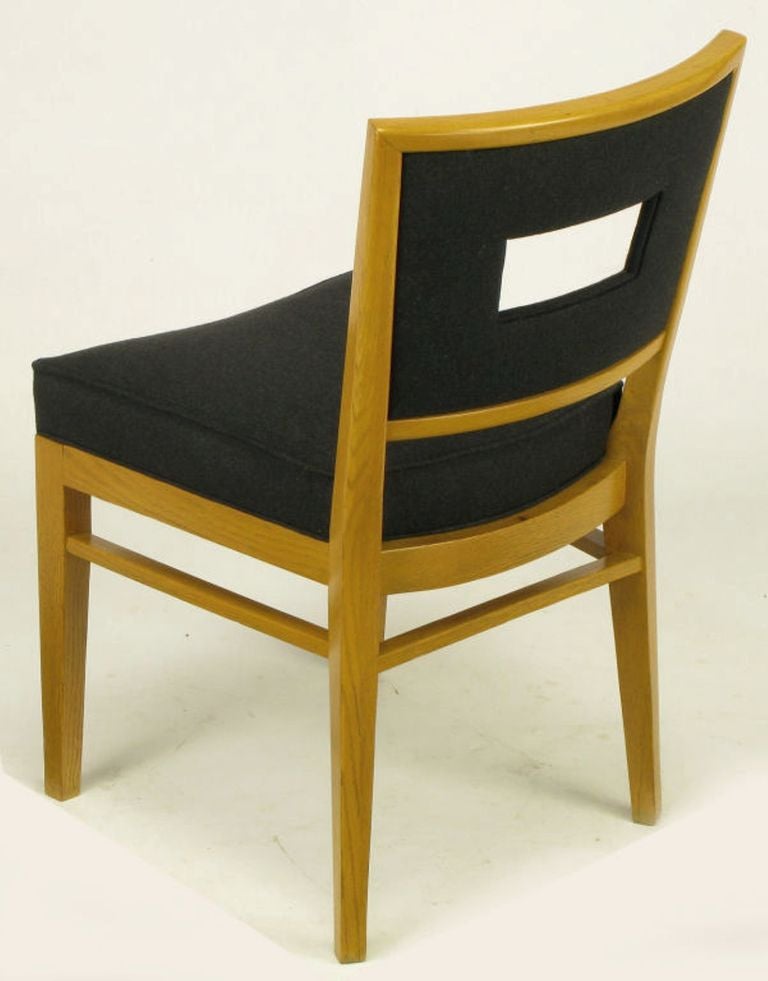 Eight White Oak & Black Flannel Keyhole Back Dining Chairs In Excellent Condition In Chicago, IL