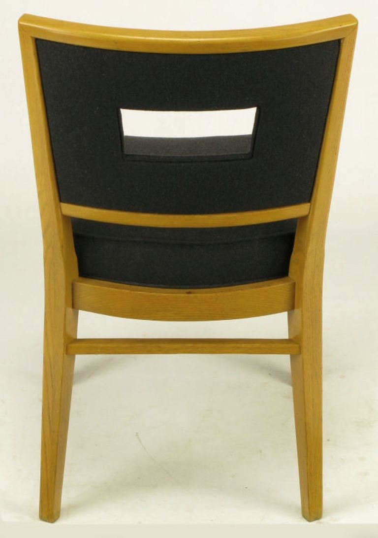 Mid-20th Century Eight White Oak & Black Flannel Keyhole Back Dining Chairs
