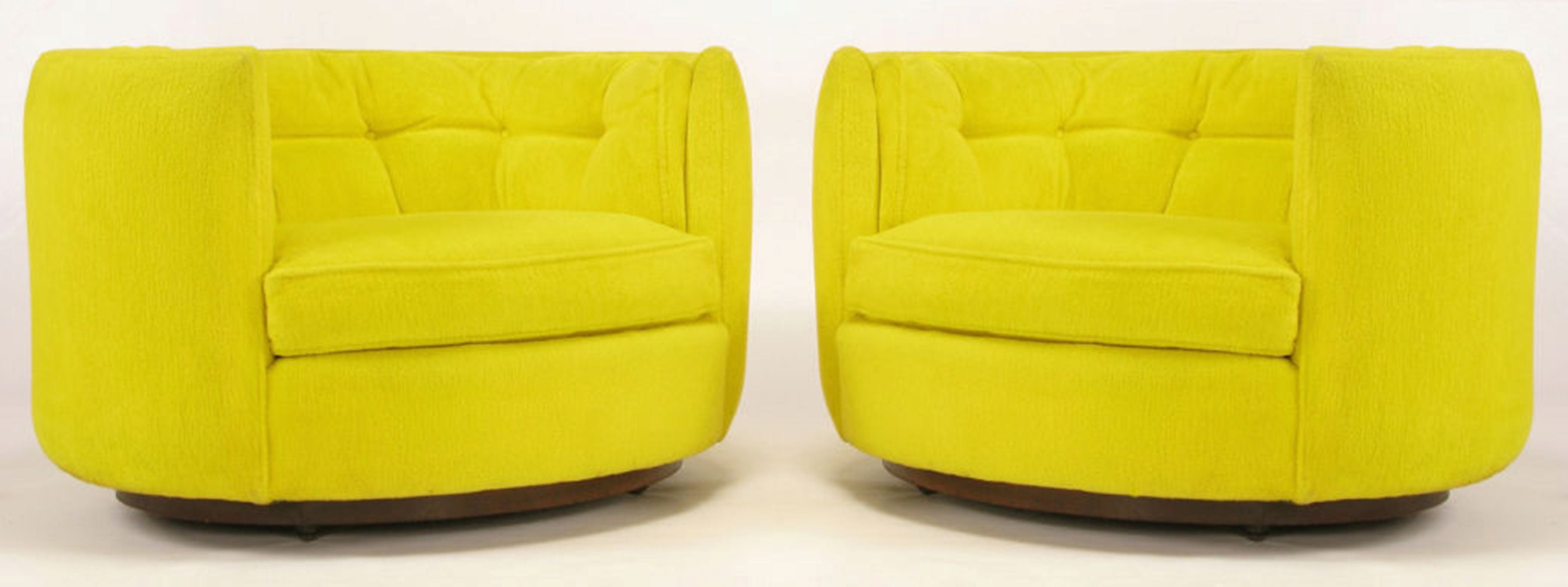 Pair Oval Button-Tufted Canary Yellow Lounge Chairs