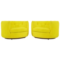 Pair Oval Button-Tufted Canary Yellow Lounge Chairs