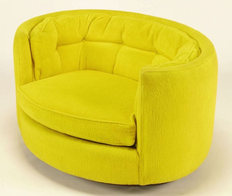 Pair Oval Button-Tufted Canary Yellow Lounge Chairs In Good Condition In Chicago, IL