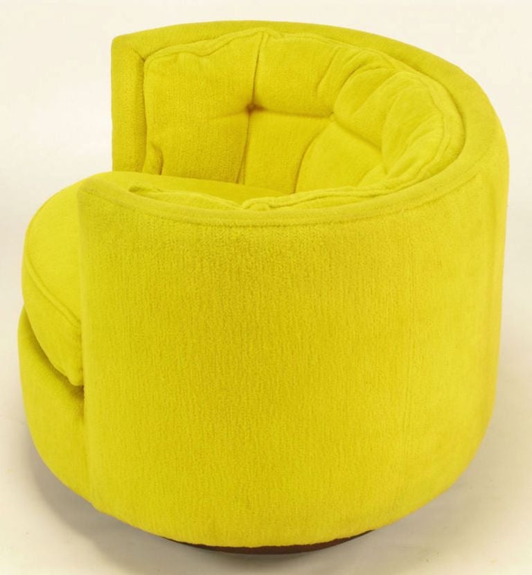Mid-20th Century Pair Oval Button-Tufted Canary Yellow Lounge Chairs