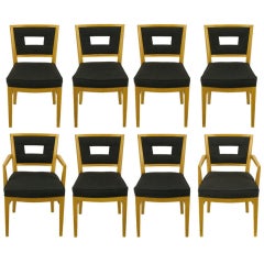 Eight White Oak & Black Flannel Keyhole Back Dining Chairs