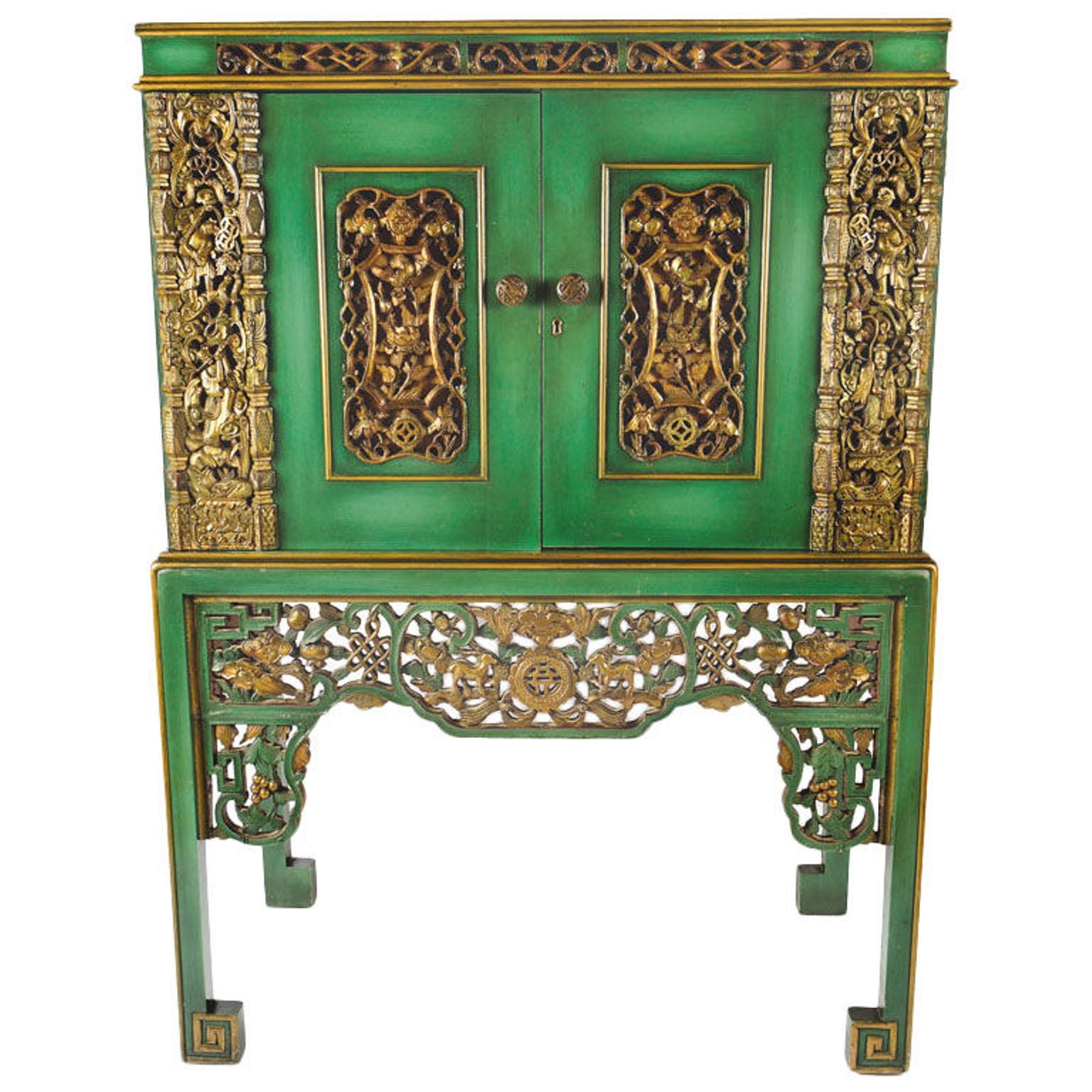 Emerald Green Chinese Cabinet Inset with Gilt Antique Panels For Sale