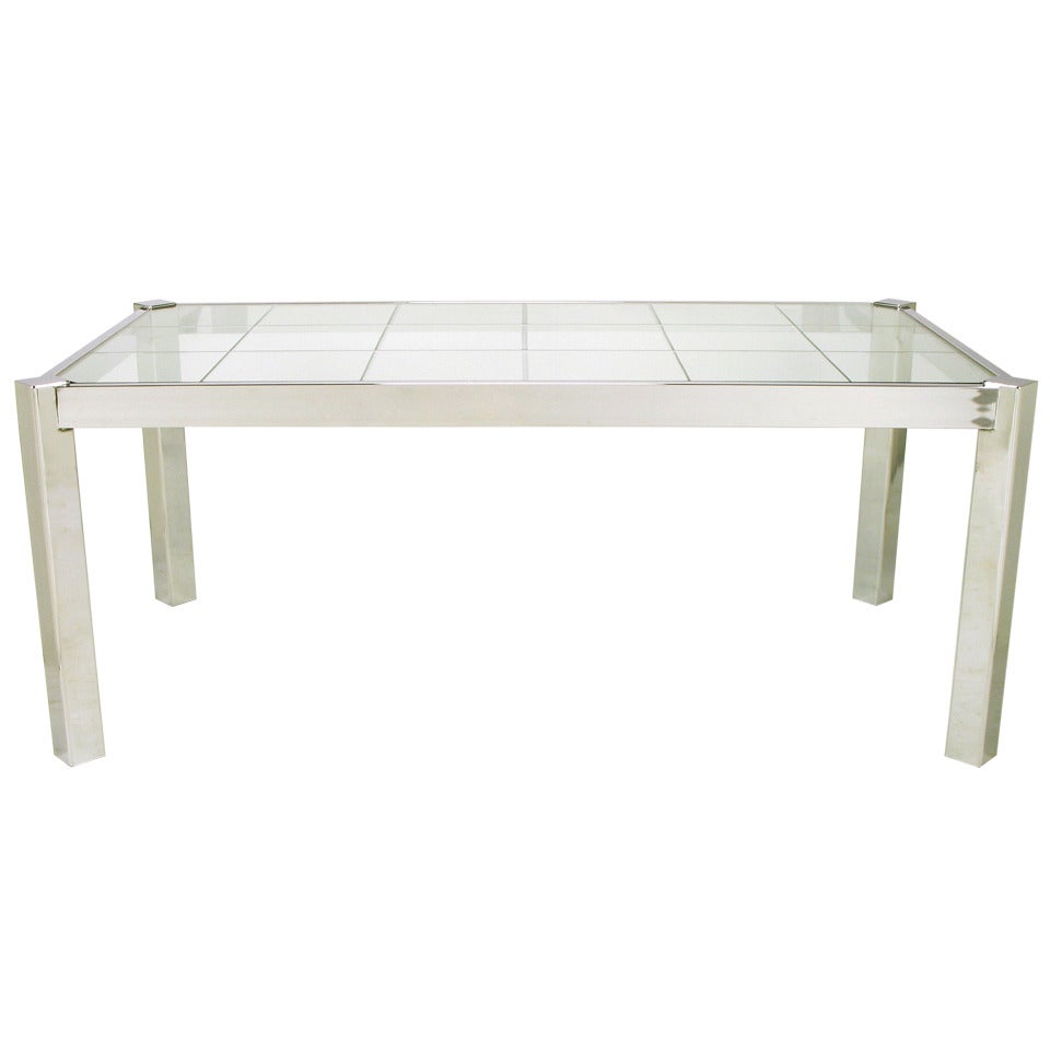 Dia Chrome and Incised Glass Canted Leg Dining Table