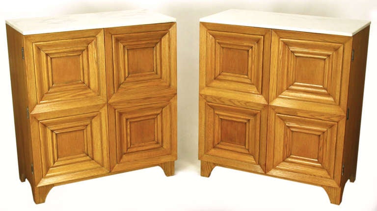 Pair Solid White Oak Carved Four-Panel Commodes