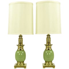 Pair of Stiffel Brass and Sage Porcelain Ostrich Egg Table Lamps
