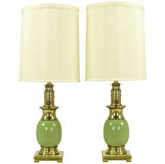 Pair Stiffel Brass & Sage Porcelain Ostrich Egg Table Lamps 3