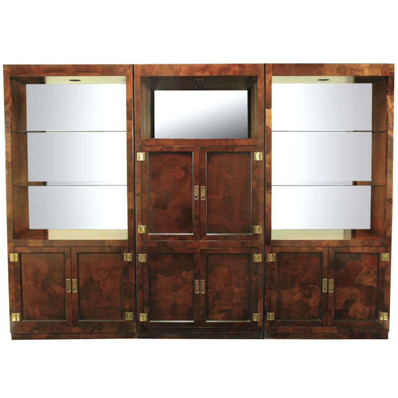 Trio of Hekman Tall Campaign Cabinets in Patchwork Burl For Sale