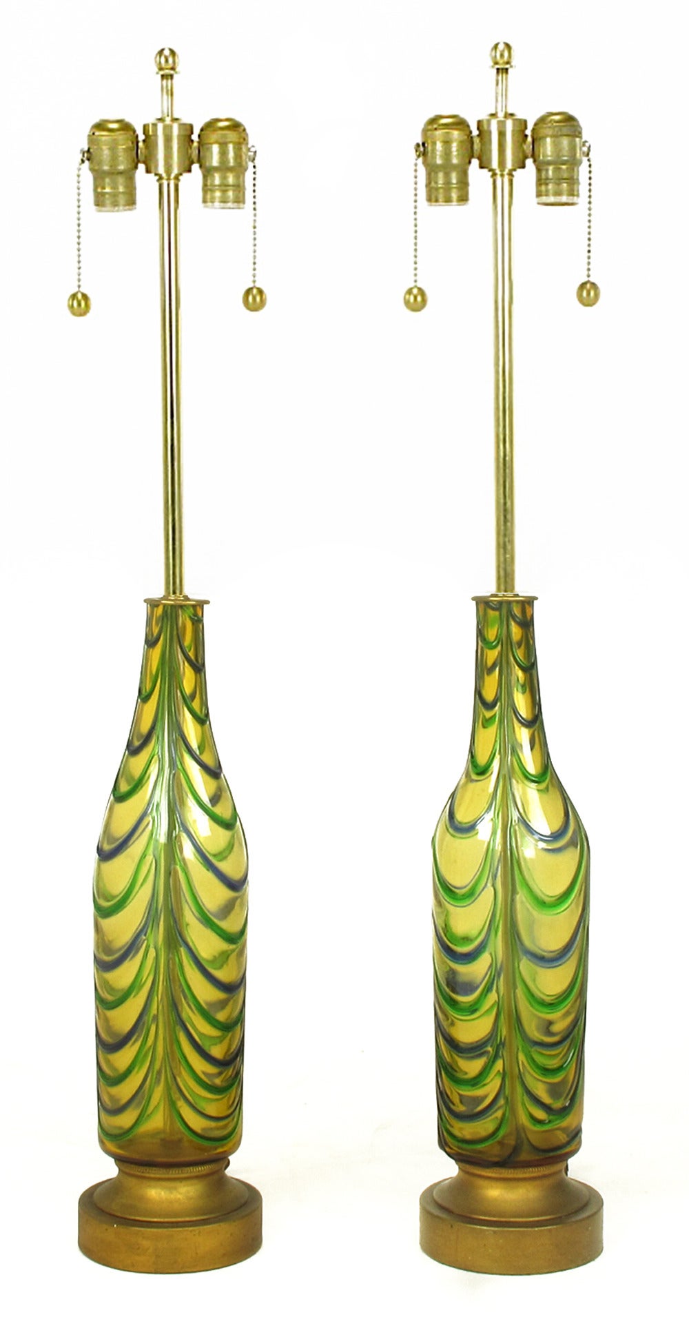 Pair of Italian Handblown Saffron, Green and Blue Ribbed Glass Table Lamps In Good Condition For Sale In Chicago, IL