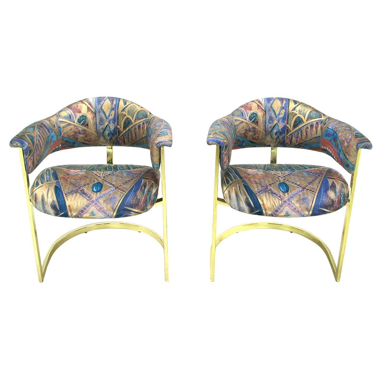 Pair of Brass Cantilevered Armchairs with Barrel Backs