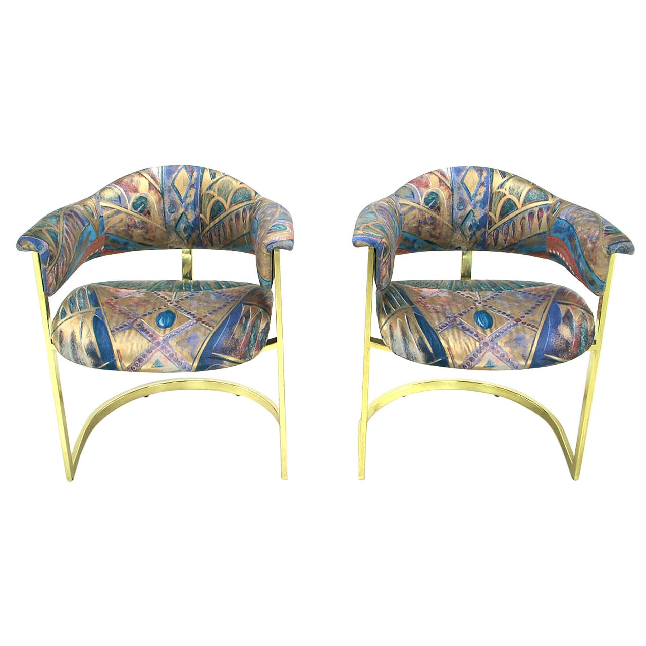 Pair of Brass Cantilevered Armchairs with Barrel Backs For Sale