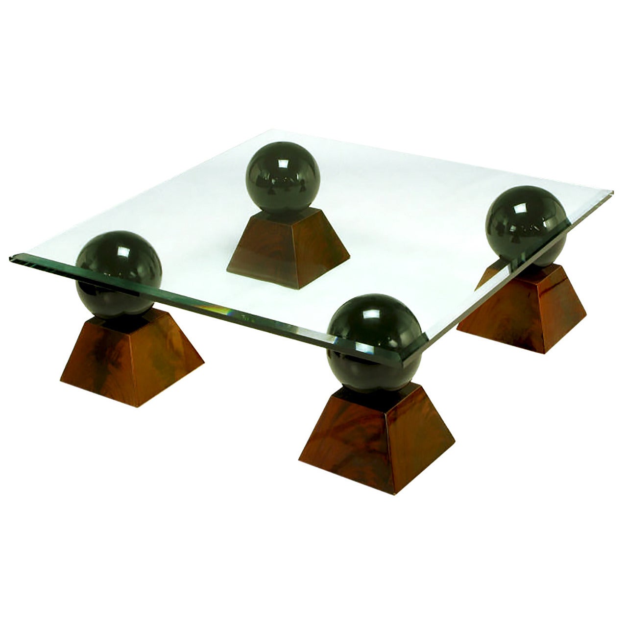 Italian Coffee Table of Glass Top over Black Spheres on Mahogany Pyramids