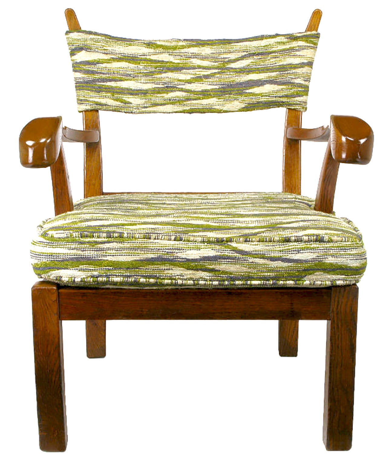 American Unusual Studio Carved Oak Armchair in Liebes Style Fabric For Sale