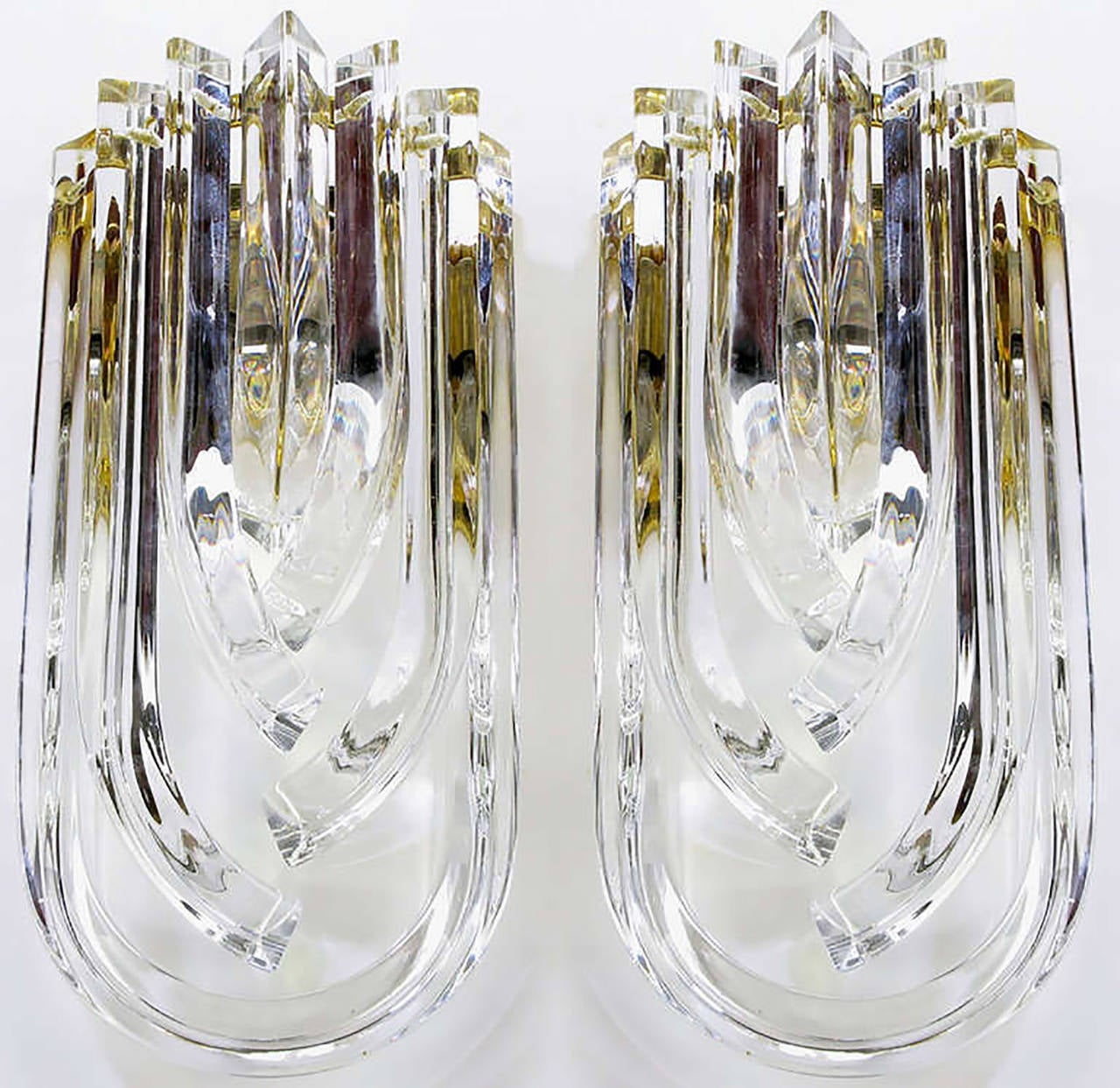 Pair of Venini Bent Crystal and Brass Sconces In Excellent Condition In Chicago, IL