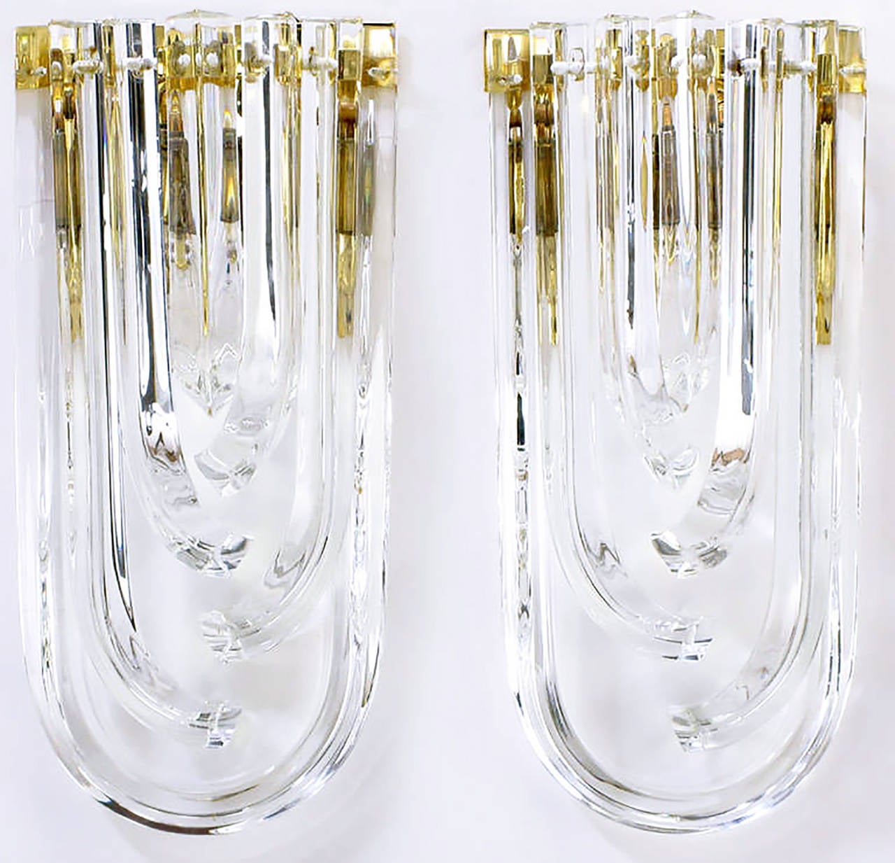 Late 20th Century Pair of Venini Bent Crystal and Brass Sconces
