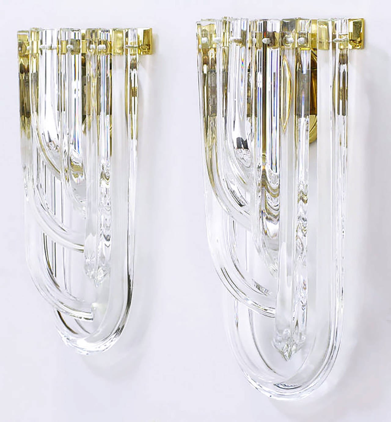 Italian Pair of Venini Bent Crystal and Brass Sconces