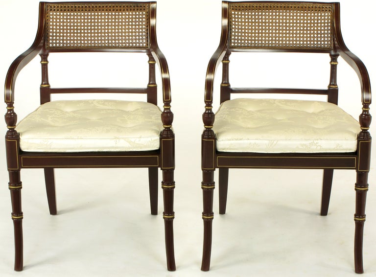 American Pair Kindel Regency Arm Chairs In Oxblood Lacquer & Parcel Gilt