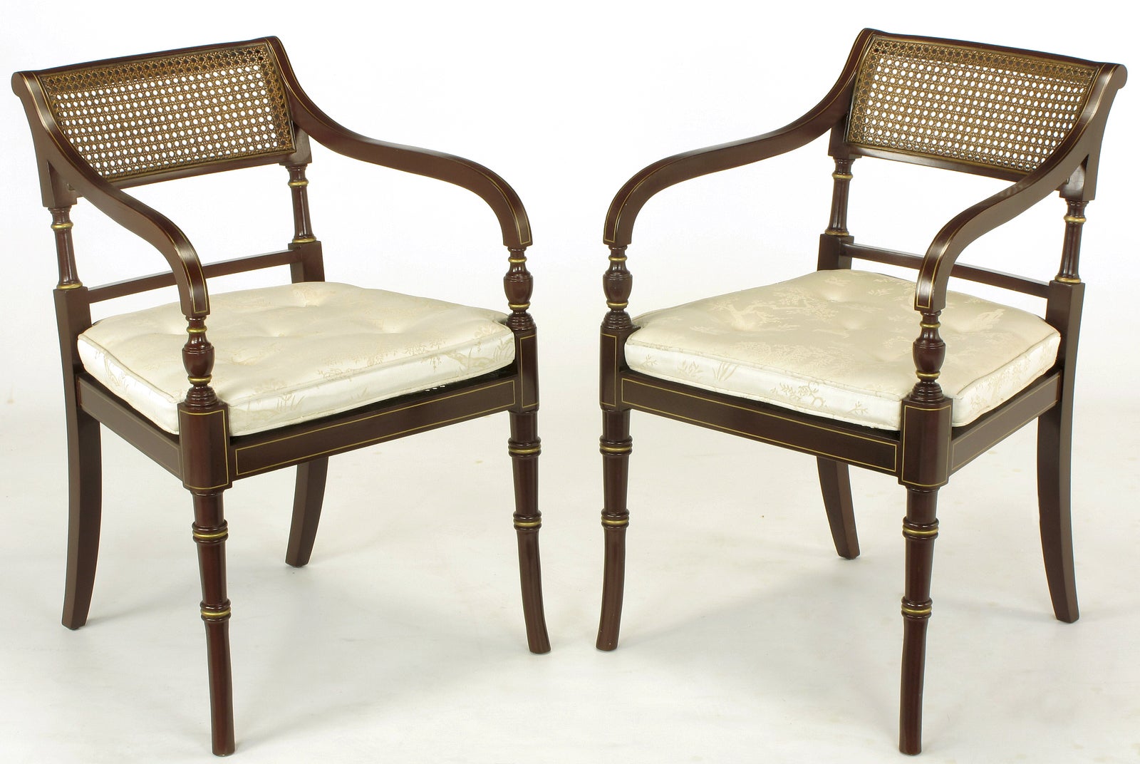 Pair Kindel Regency Arm Chairs In Oxblood Lacquer & Parcel Gilt
