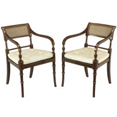 Pair Kindel Regency Arm Chairs In Oxblood Lacquer & Parcel Gilt