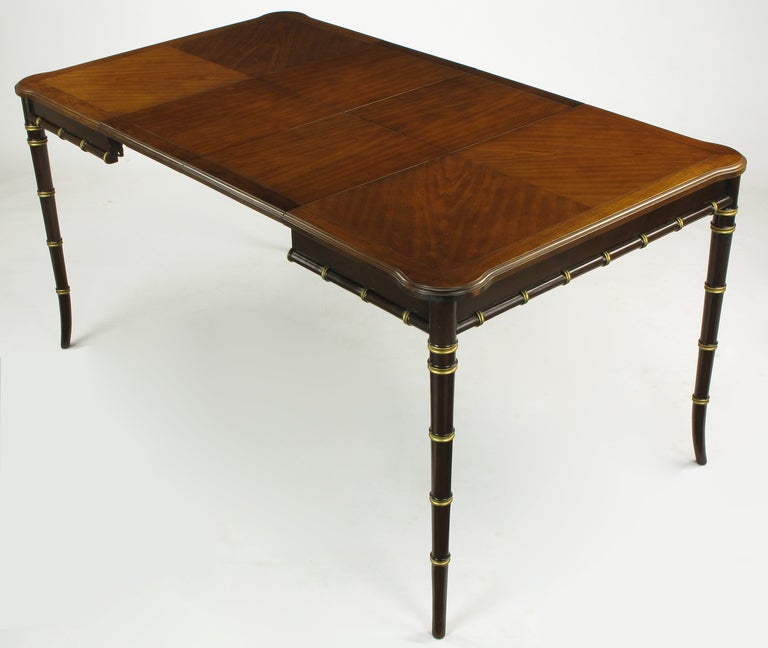 Kindel Petite Walnut Dining Table With Bamboo Form Legs & Parquetry Top In Excellent Condition In Chicago, IL