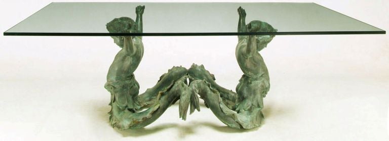 Italian Bronze Putti Di Mare and Glass Dining Table For Sale