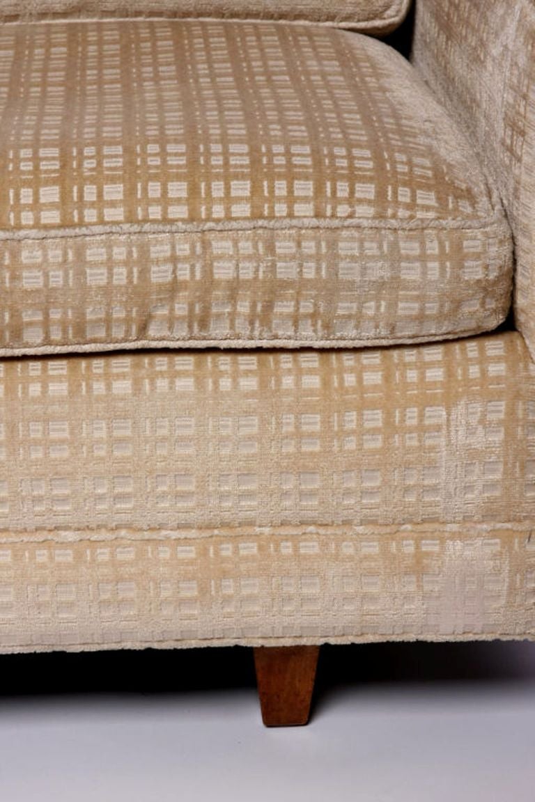 American Baker Furniture Walnut & Down-Filled Velvet Sofa.