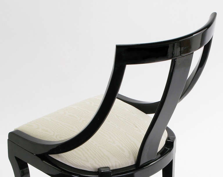 Wood Six Italian Black Lacquer & Moire Dining Chairs