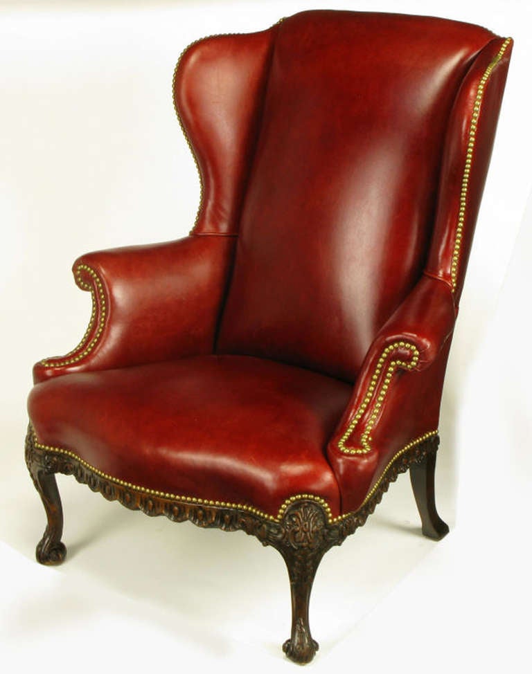 American Circa 1940s Red Leather & Carved Walnut Wing Chair