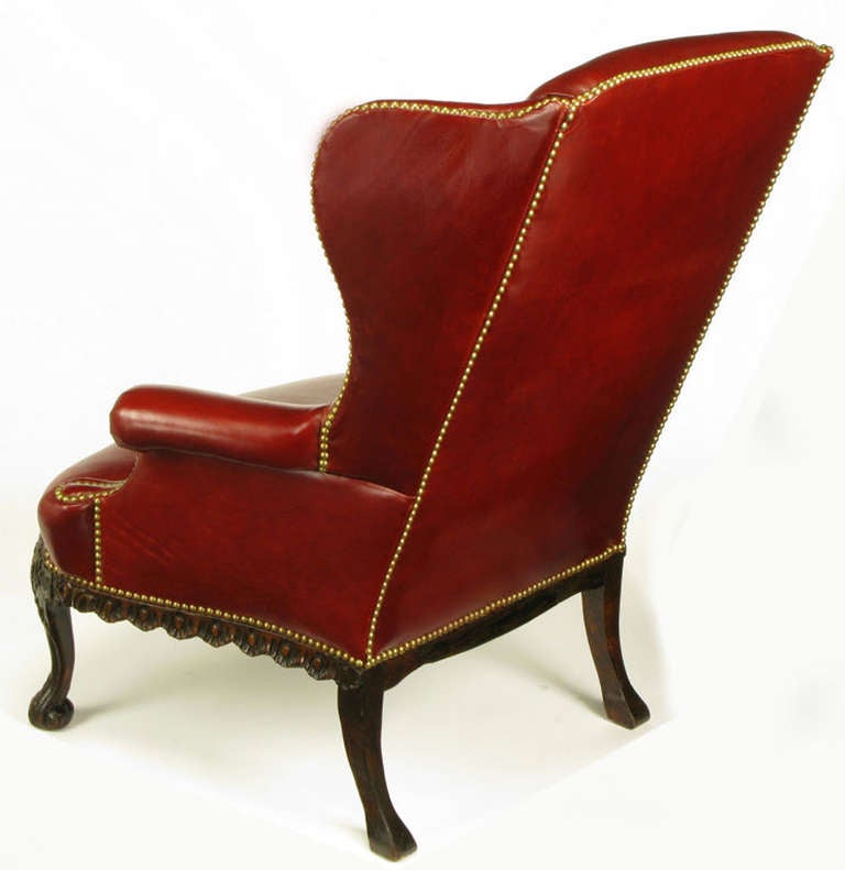 Mid-20th Century Circa 1940s Red Leather & Carved Walnut Wing Chair