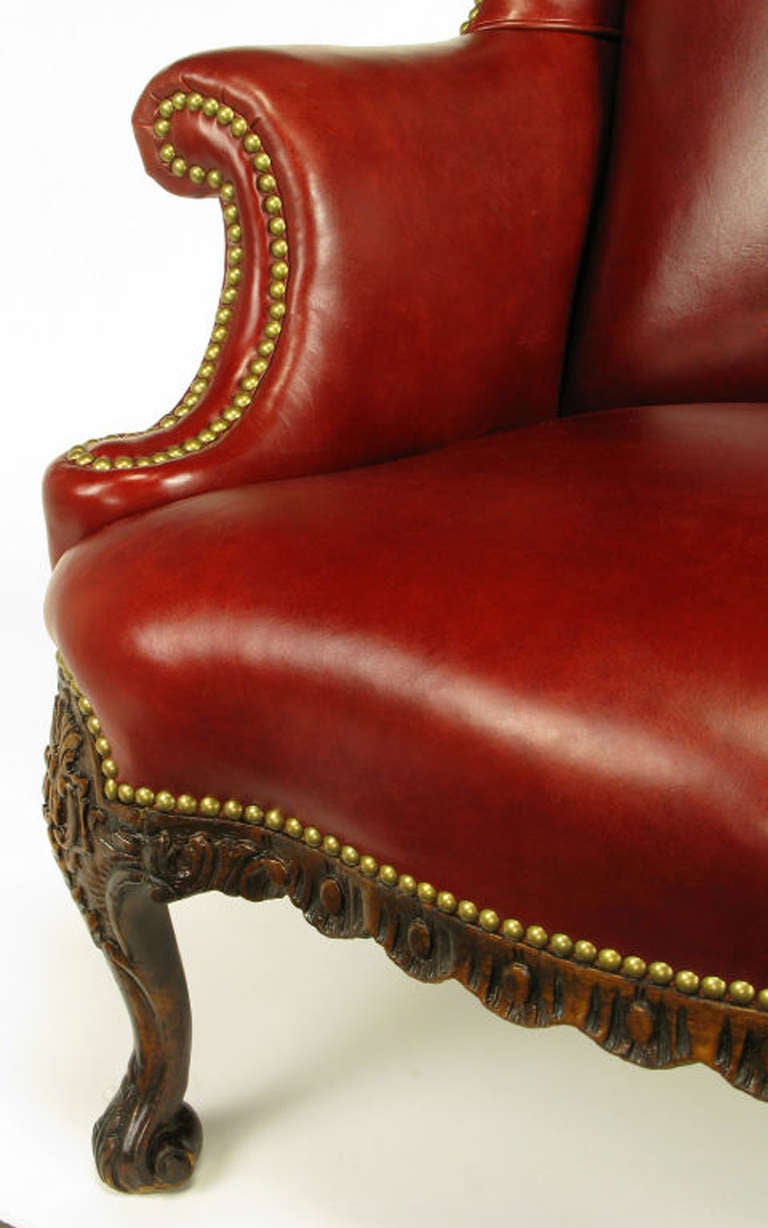 Circa 1940s Red Leather & Carved Walnut Wing Chair 1