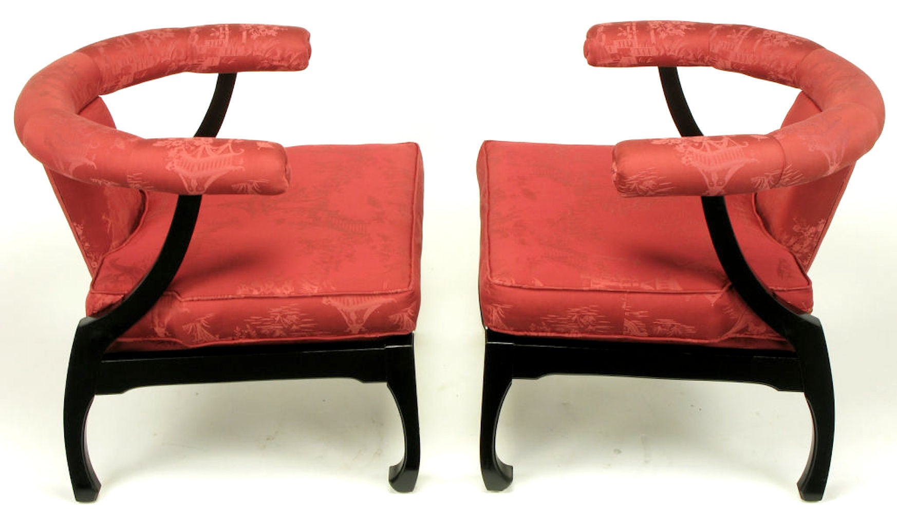 Pair of Black Lacquer Ming Style Silk Upholstered Chinese Lounge Chairs