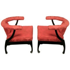 Pair of Black Lacquer Ming Style Silk Upholstered Chinese Lounge Chairs