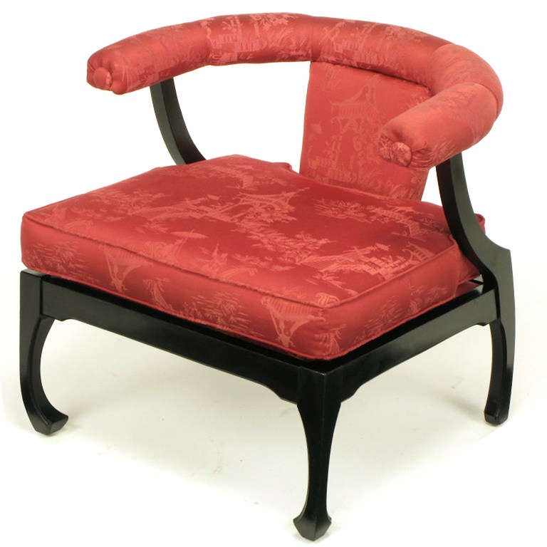 Mid-20th Century Pair of Black Lacquer Ming Style Silk Upholstered Chinese Lounge Chairs