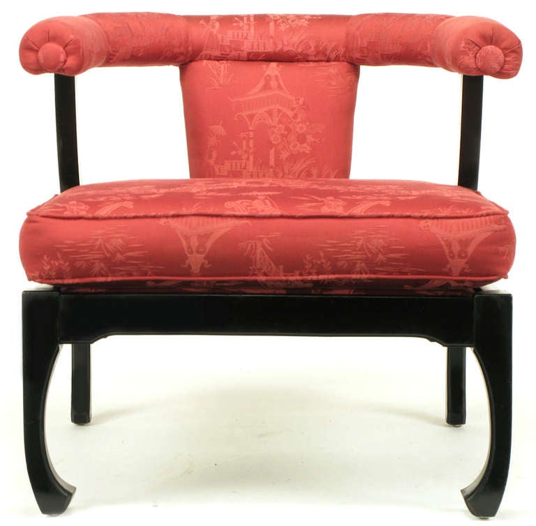 Pair of Black Lacquer Ming Style Silk Upholstered Chinese Lounge Chairs 2