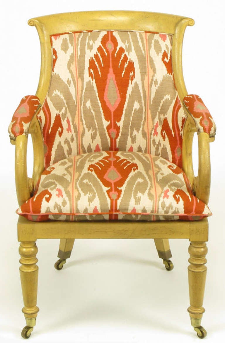 American Pair of Interior Crafts Regency Scrolled Arm Chairs in Ikat Fabric For Sale