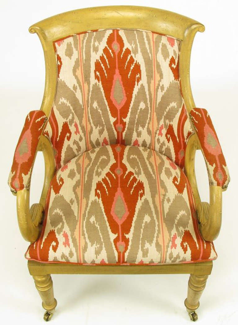 Cotton Pair of Interior Crafts Regency Scrolled Arm Chairs in Ikat Fabric For Sale