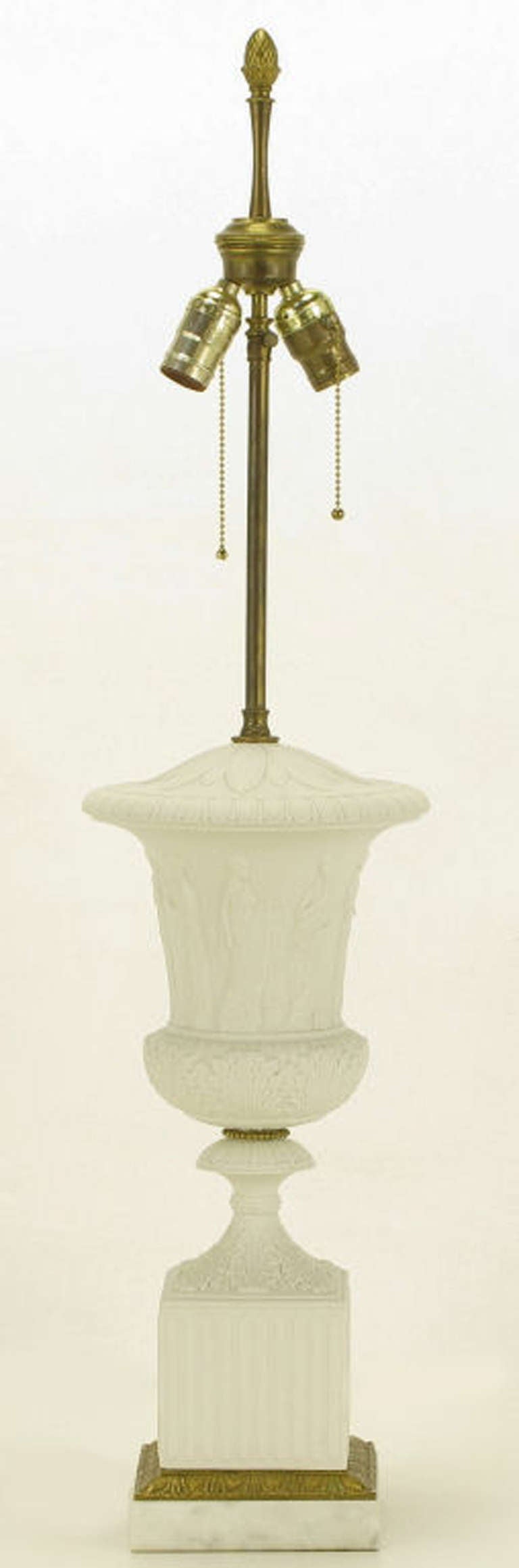 Carved Pair Neoclassical White Bisque Porcelain Urn Form Table Lamps
