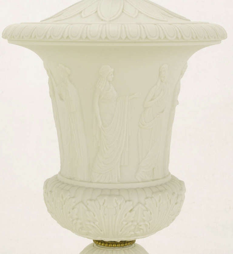 Bronze Pair Neoclassical White Bisque Porcelain Urn Form Table Lamps