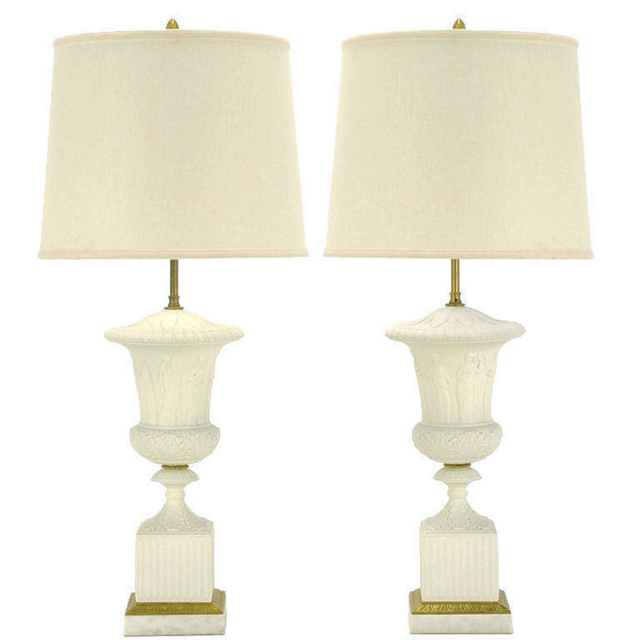 Pair Neoclassical White Bisque Porcelain Urn Form Table Lamps