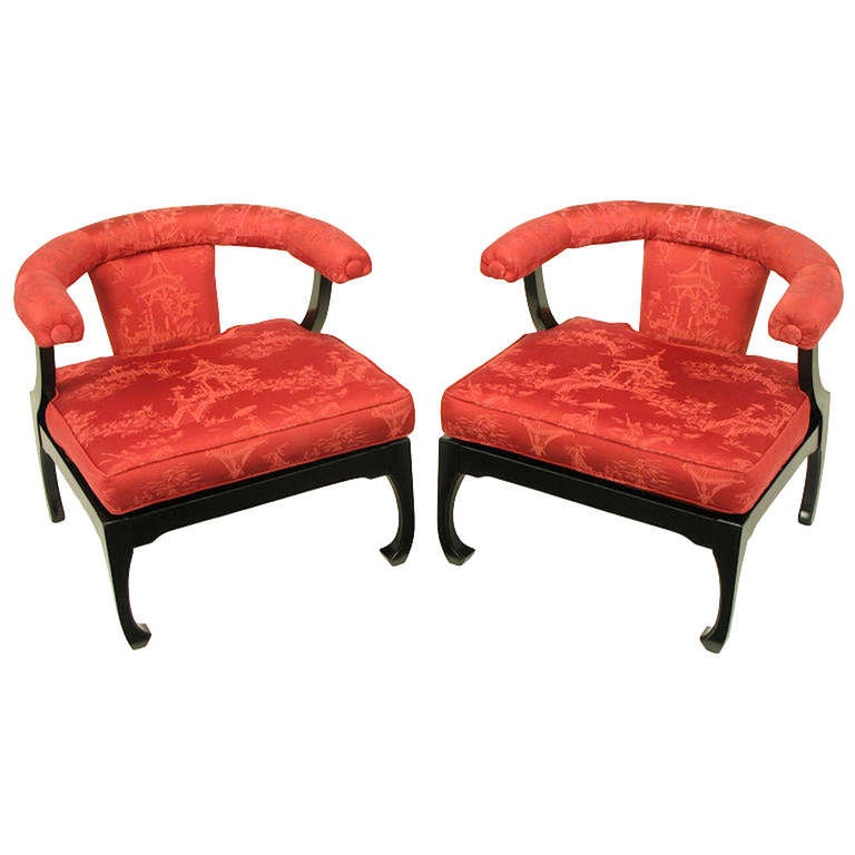 Pair of Black Lacquer Ming Style Silk Upholstered Chinese Lounge Chairs For Sale at 1stdibs