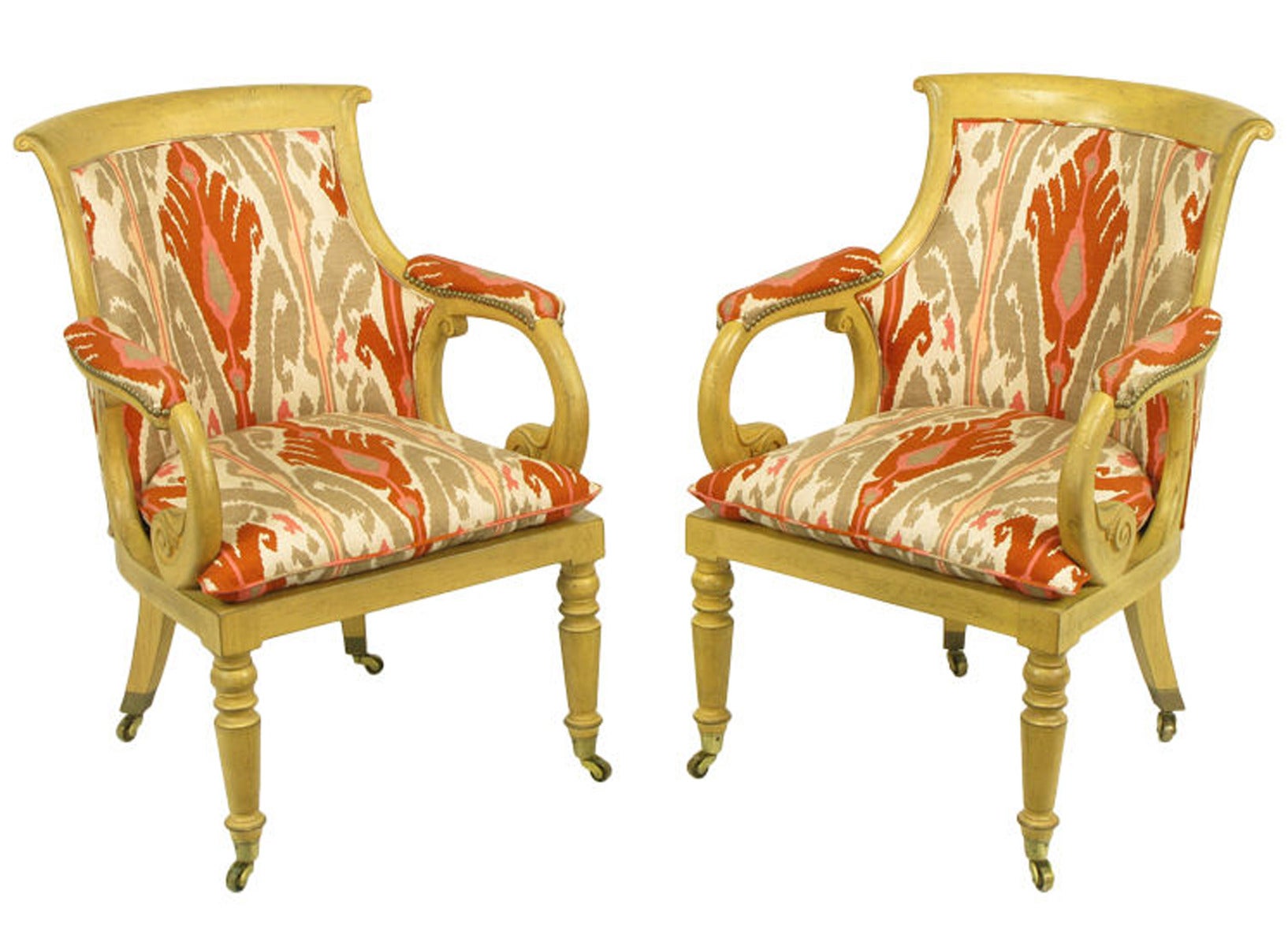 Pair of Interior Crafts Regency Scrolled Arm Chairs in Ikat Fabric