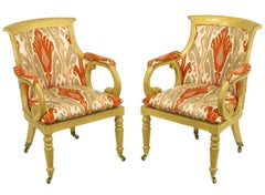 Pair of Interior Crafts Regency Scrolled Arm Chairs in Ikat Fabric