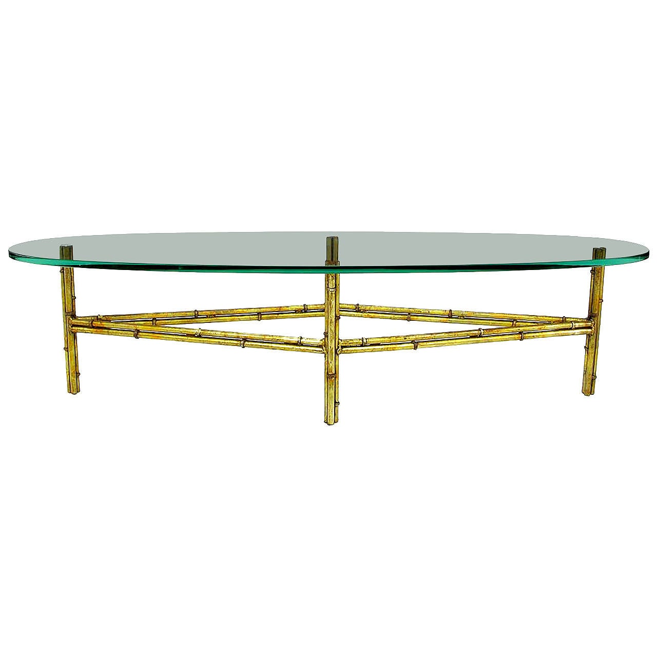 Table basse en métal Gilt Faux Bambou avec plateau en verre Surf Board