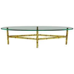 Gilt Faux Bamboo Metal Coffee Table with Surf Board Glass Top