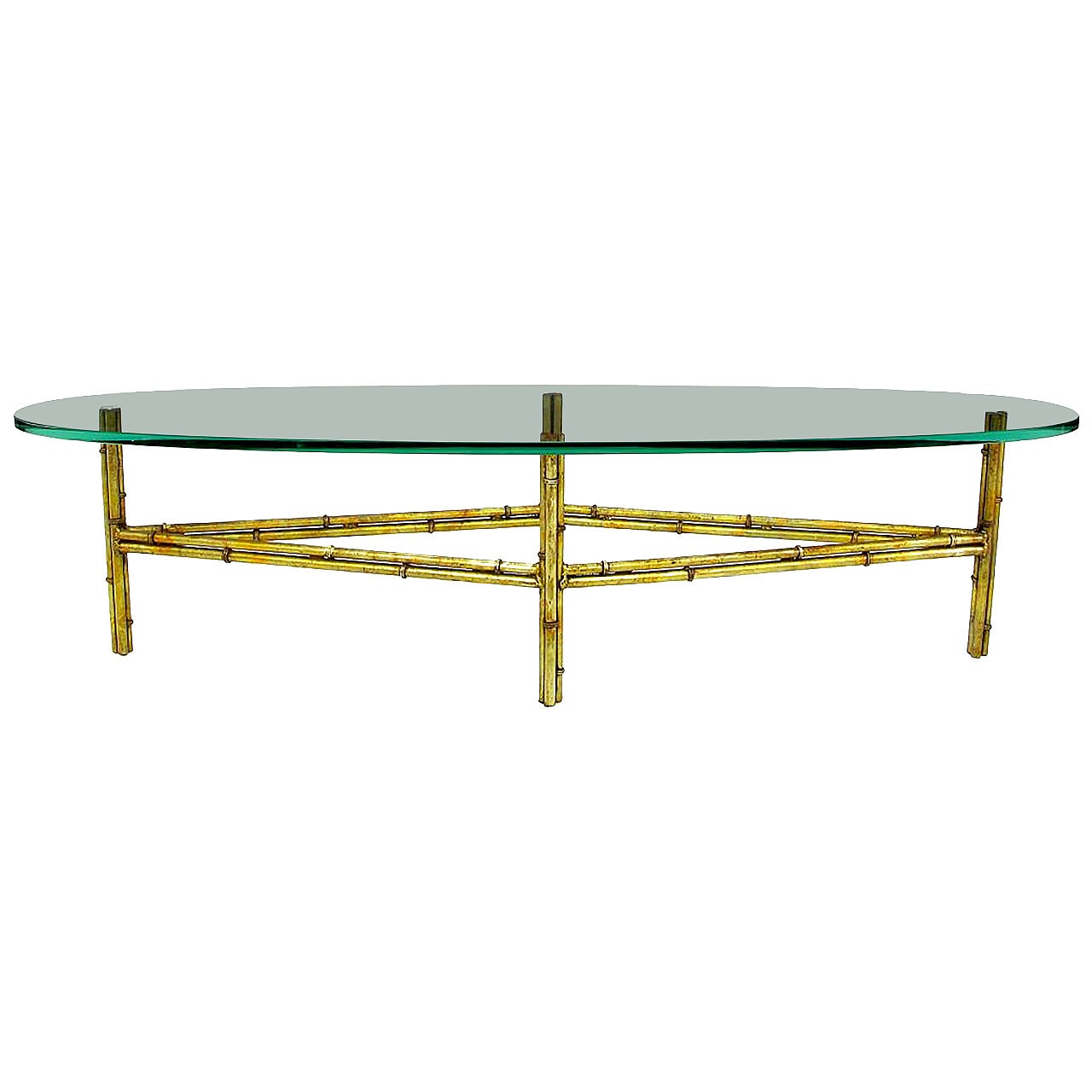 Gilt Faux Bamboo Metal Coffee Table with Surf Board Glass Top For Sale