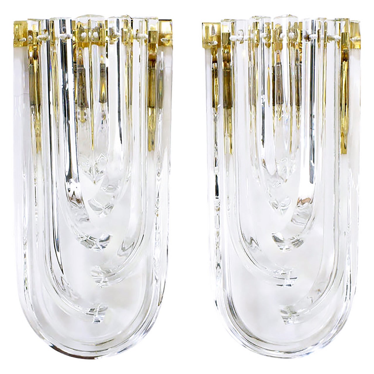 Pair of Venini Bent Crystal and Brass Sconces