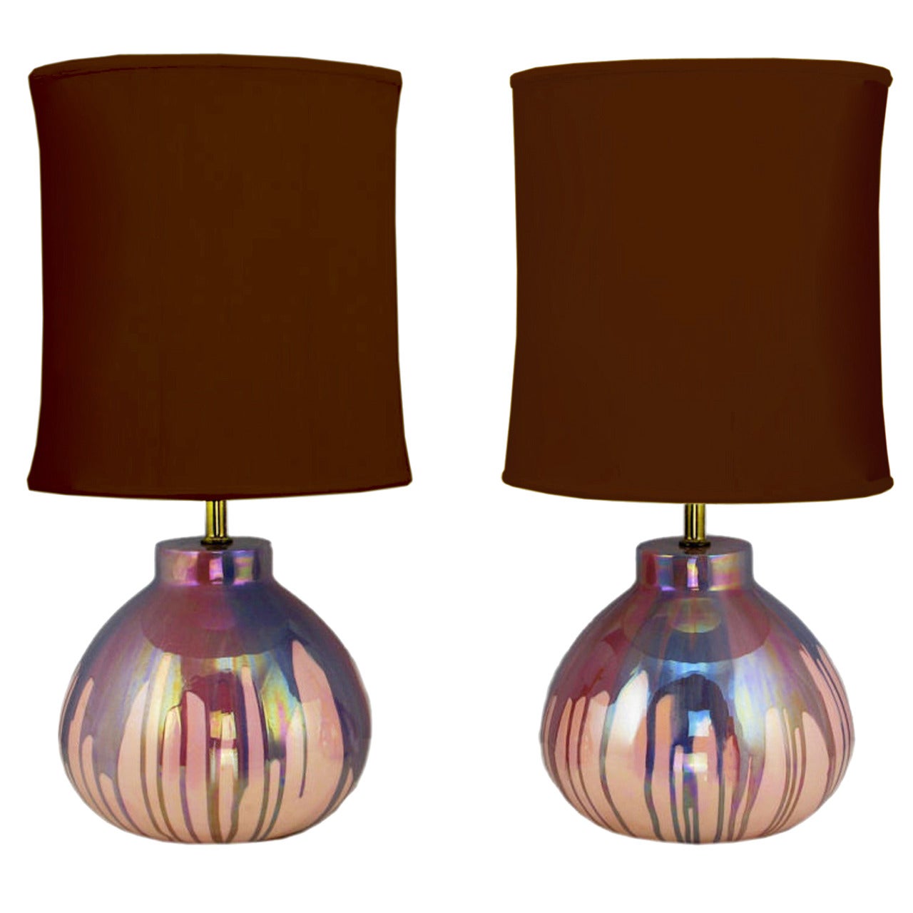 Pair of Lavender Iridescent Drip-Glaze Pottery Table Lamps For Sale