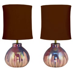 Retro Pair of Lavender Iridescent Drip-Glaze Pottery Table Lamps