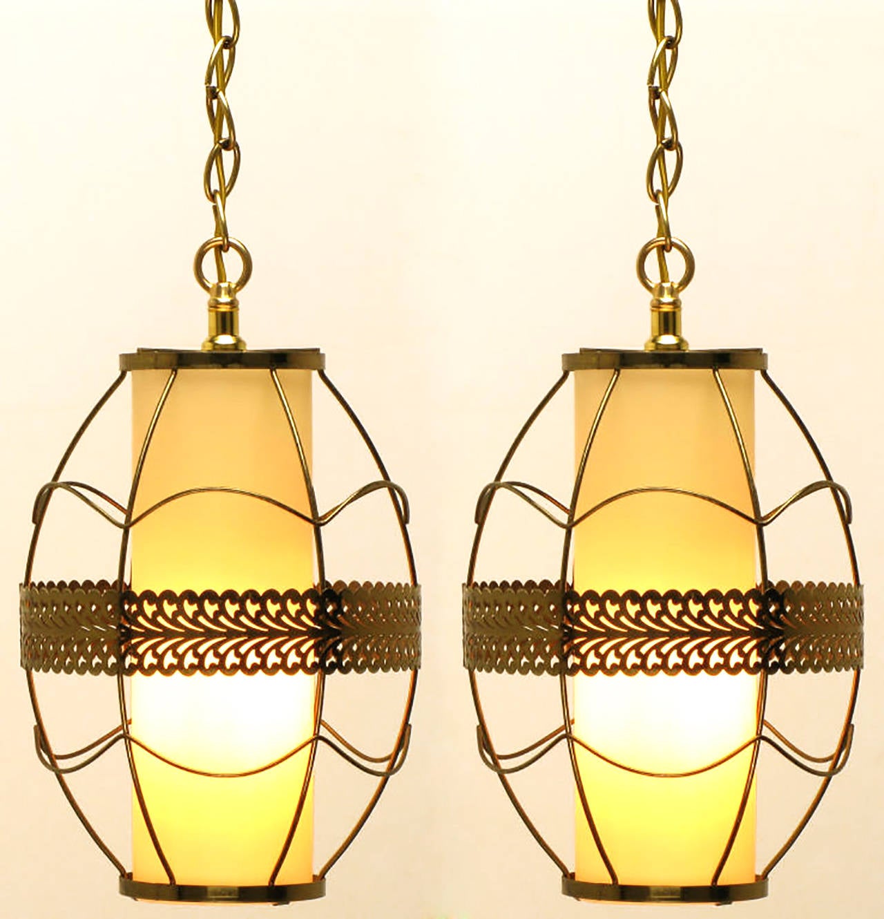Pair of Brass Rod and Pierced Ribbon Pendant Lights For Sale at 1stDibs
